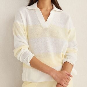 Haven Well Within Organic Cotton Linen Yellow Stripe Johnny Collar Sweater Large